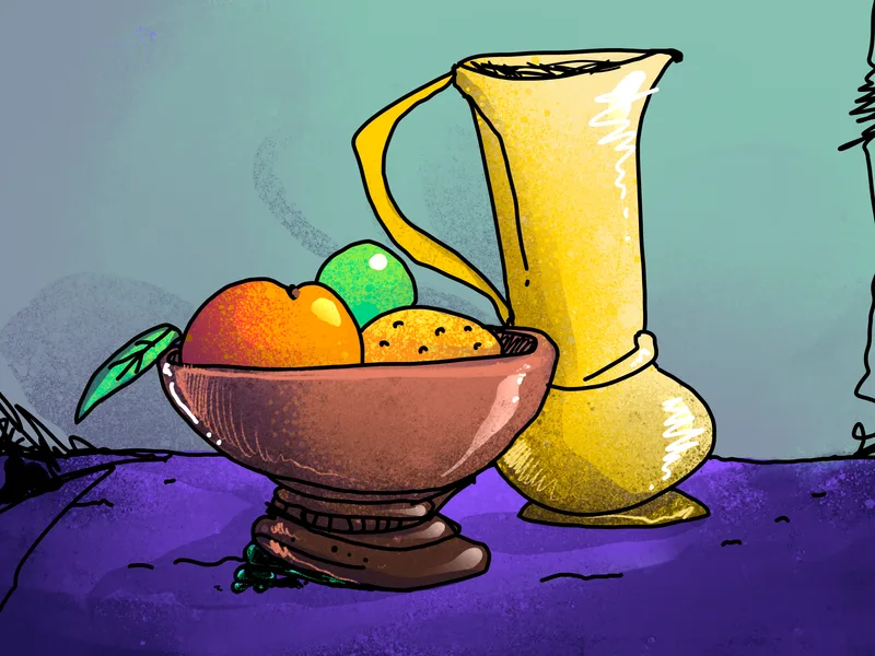 Some fruit and a vase.